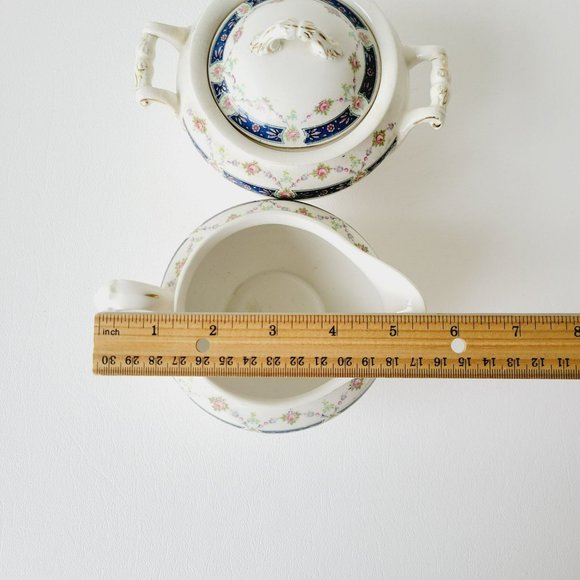 Rare Vintage Johnson Bro Sugar Bowl & Creamer, Blue Accent, Pink Floral, CRAZING - Picture 15 of 16